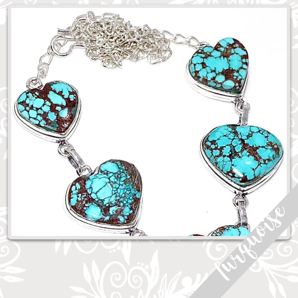 Turquoise Eclectic Silver Artisan Multi-Stone Heart Necklace 18” Aqua Blue-Green - Picture 2 of 3